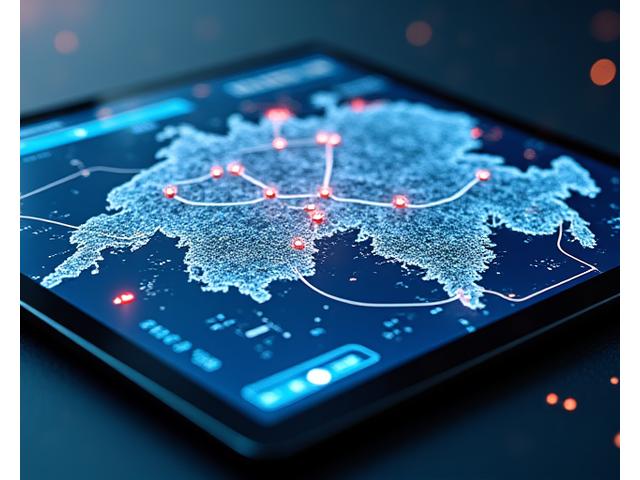 A dynamic digital display showing traffic patterns and border wait times overlaid on a map interface, representing real-time travel intelligence.