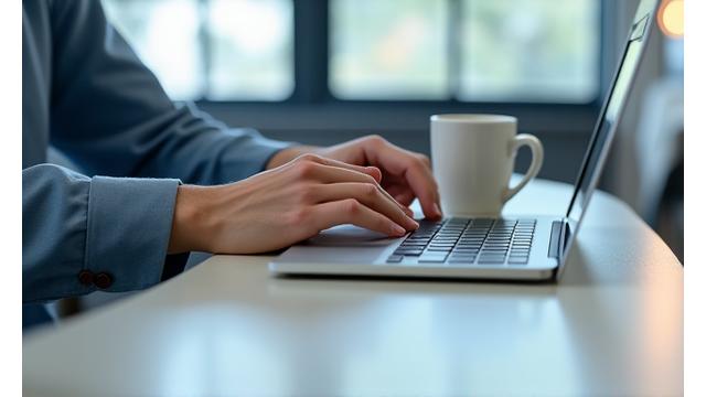 Hands working on a laptop at a modern rest area table with coffee