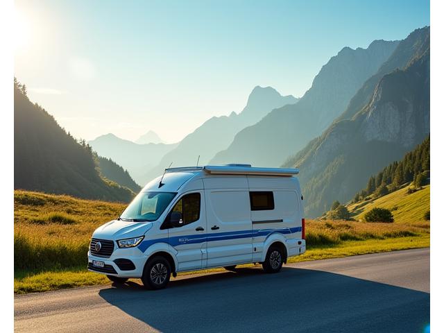Modern campervan parked in a scenic Swiss rest area with mountains in the background