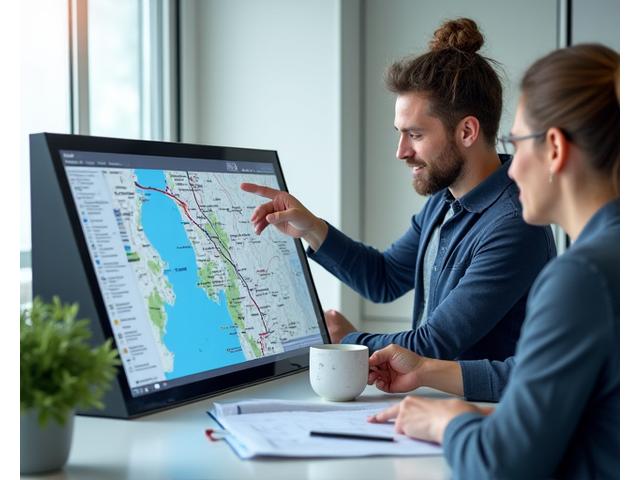 Expert consultant pointing at a detailed map with a traveler, symbolizing personalized advice