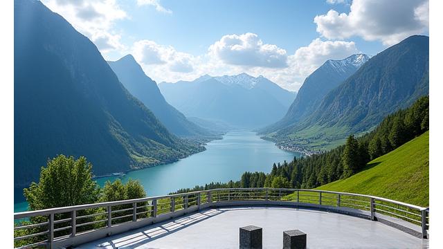 Panoramic view from a scenic rest stop overlooking a Swiss valley and lake