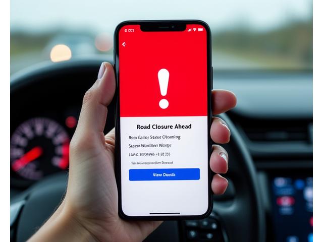 A mobile phone screen displaying a prominent red alert banner with an exclamation mark icon, indicating a critical road closure, with detailed information below.