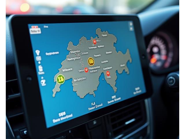 A digital dashboard showing a map of Switzerland with highlighted border crossings, each displaying live wait times with green, yellow, or red circles.