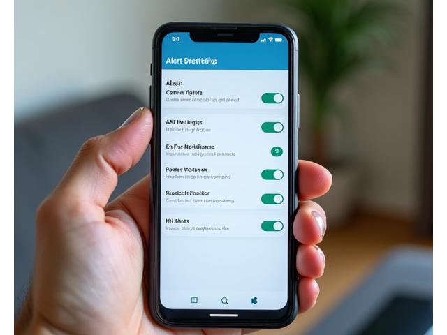 A user's hand holding a smartphone displaying a settings menu for traffic alert preferences, with toggles for SMS, push notifications, and route selections.