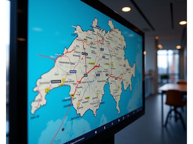 An interactive digital map of Switzerland displaying live traffic congestion on motorways using color overlays (green for clear, red for heavy).