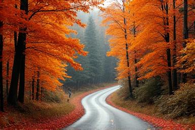A road surrounded by Swiss forests blazing with autumn foliage colors, perfect for a scenic fall drive.