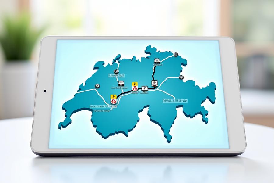 An interactive digital map displaying campervan-friendly locations across Switzerland, specifically showing parking, service stations, and specific mountain pass assessments.