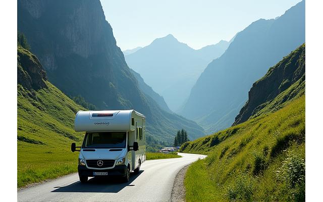 A large, modern campervan traversing a scenic, winding road in the Swiss countryside, perfectly managed within height and weight restrictions.
