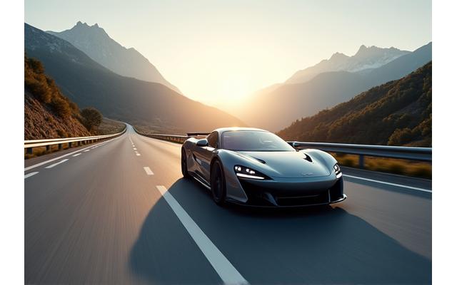 A modern car driving efficiently on a well-maintained Swiss motorway, surrounded by scenic mountains.