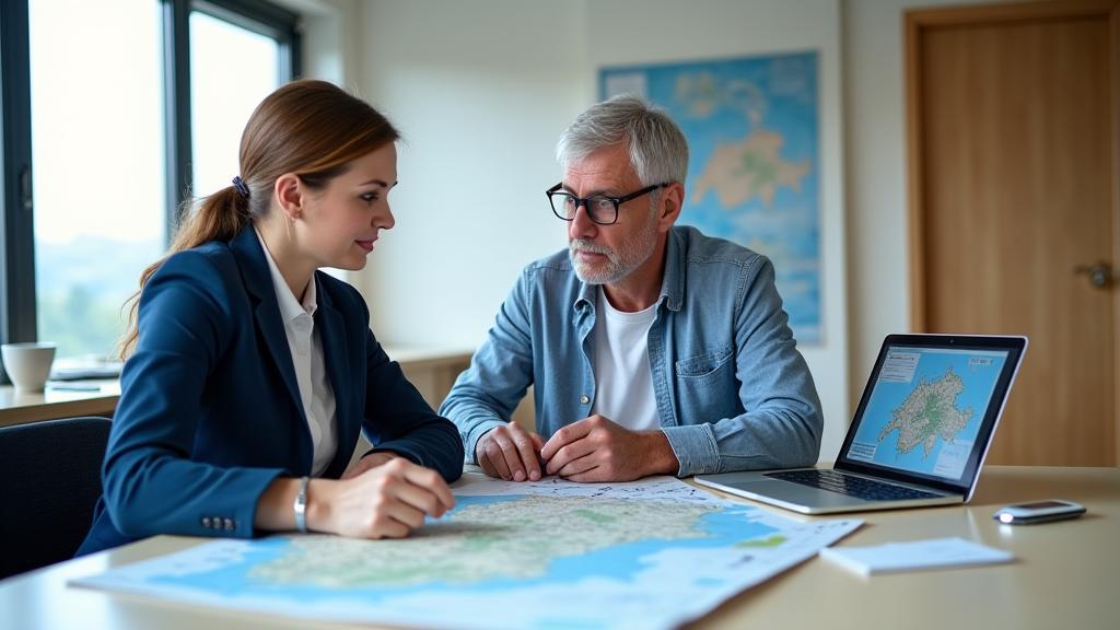 A SwissPath travel expert consulting with a client, pointing to a map of Switzerland while discussing a customized road trip plan, conveying personalized service and expertise.