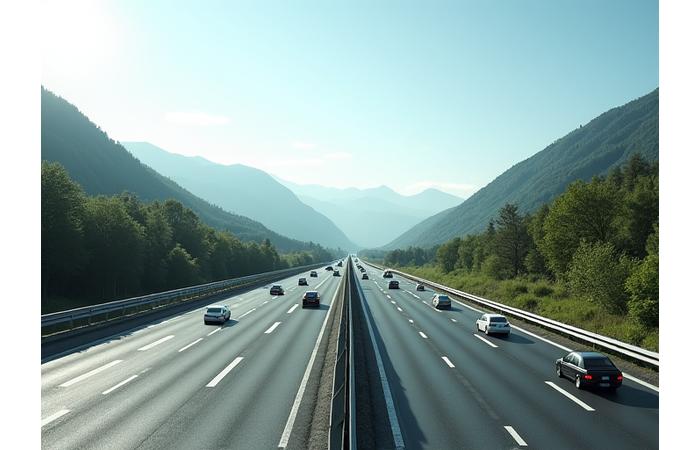 A multi-lane Swiss motorway with flowing traffic, indicating speed and efficiency for business or time-sensitive travel.