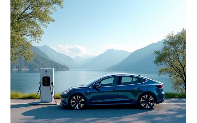 An electric car charging at a modern charging station in a scenic Swiss setting, with a route map overlay on a tablet for range planning.