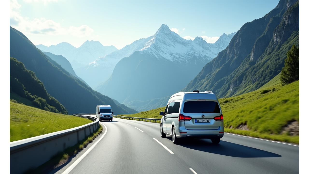 Panoramic view of a winding road through the Swiss Alps with a diverse range of vehicles, including a car and a campervan, showcasing optimized travel tailored to each.