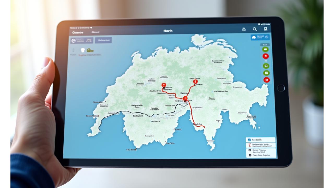 A user-friendly digital interface of a map-based route builder on a tablet, showing customizable waypoints, points of interest, and real-time data overlays for a trip through Switzerland.
