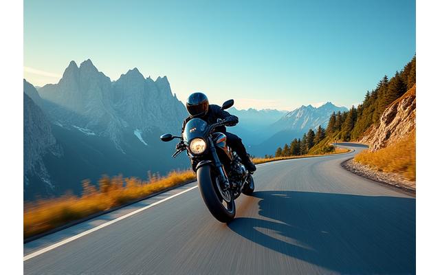 A motorcycle rider on a picturesque Swiss mountain pass, enjoying the winding roads and breathtaking views.
