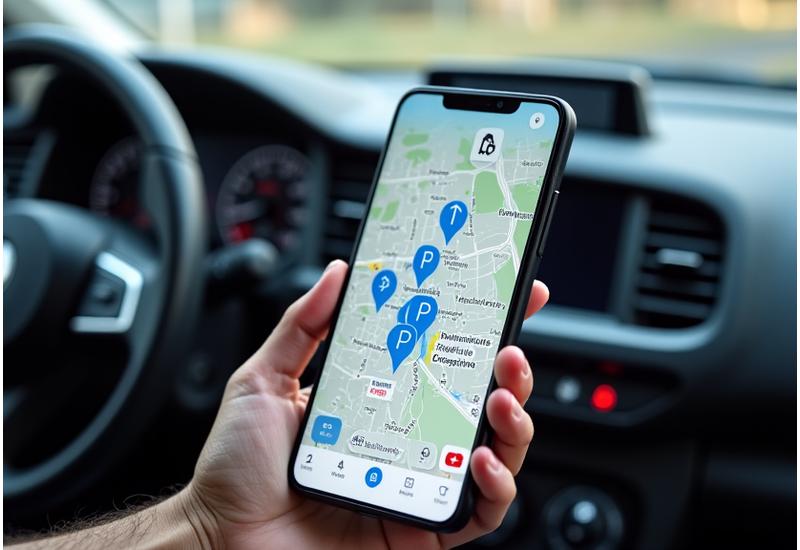A detailed interactive map on a smartphone screen, showing available city center parking, service areas, and emergency service points mapped out for a user's current location in Switzerland.