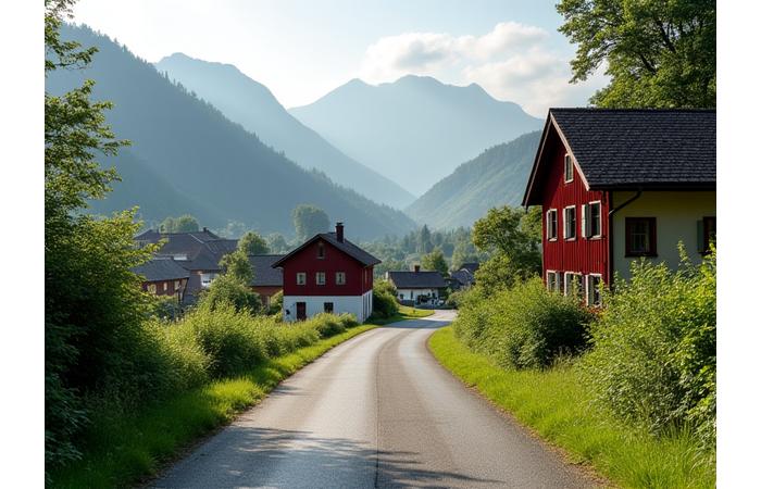 A charming Swiss village nestled in a valley with a tranquil road winding through it, suggesting a scenic, leisurely route.