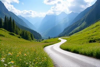 A vibrant Swiss valley in spring, with wildflowers blooming and snow-capped peaks in the distance, indicating accessible routes.