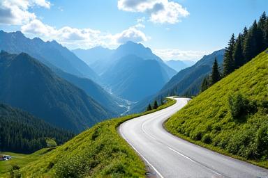 A winding road through a lush green alpine landscape in summer, with a clear blue sky and a small car enjoying the high-altitude pass.