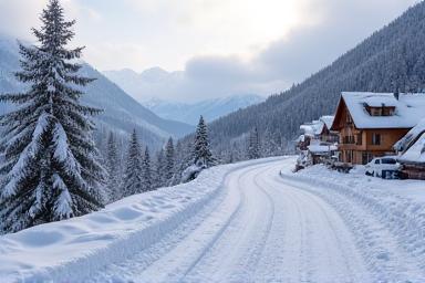 A snow-covered Swiss valley road, cleared for passage, with chalet-style houses in the distance, emphasizing safe winter driving.