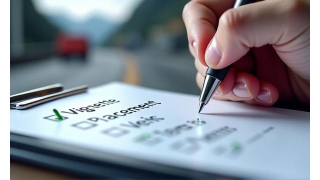 A hand holding a pen checking off items on a digital tablet displaying a Swiss travel compliance checklist, with a backdrop of a road sign for Switzerland.