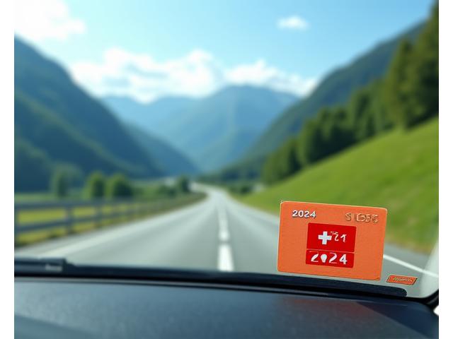 Close-up of a Swiss motorway vignette affixed to a windshield with a blurry scenic Swiss Alps road in the background, symbolizing required travel access.