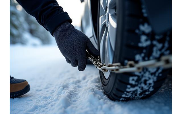 Hands demonstrating how to install snow chains on a car tire, with focus on the mechanism