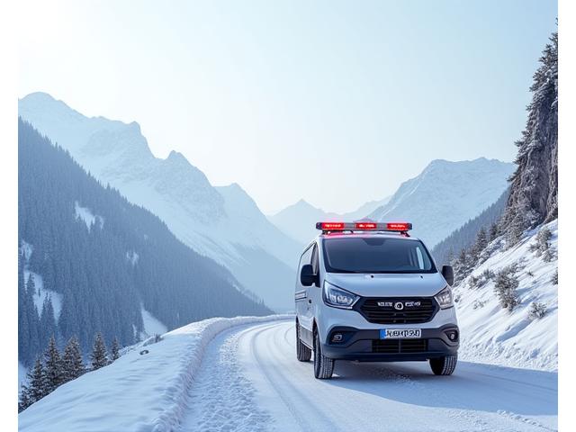 Emergency service vehicle with flashing lights on a snowy mountain road, conveying safety and response