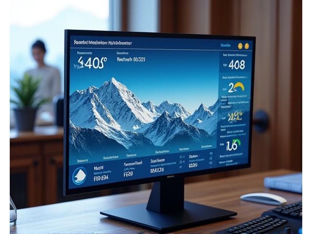 Detailed weather dashboard for Swiss Alps showing temperature, snowfall, and wind speed with icons