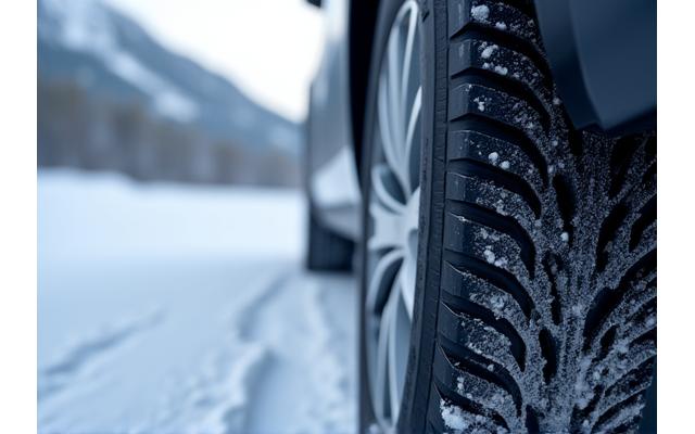 Close-up of a car's winter tire tread on packed snow with a blurred mountainous background